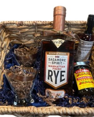 Sagamore Reserve Manhattan Basket: Sagamore Reserve Rye, Manhattan Finish, Luxardo Cherries, Peychaud’s Bitters and 2 Hand-Blown Crystal Stemless Martini Glases
