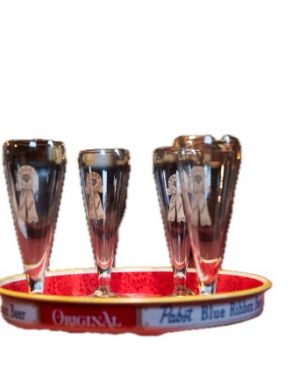 4 Pabst Blue Ribbon Beer Glasses and Beer Tray